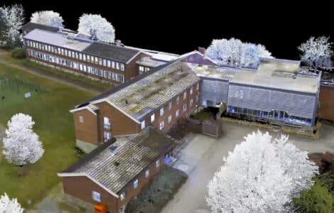 Lier videregående skole i punktskyformat sett i fugleperpsektiv