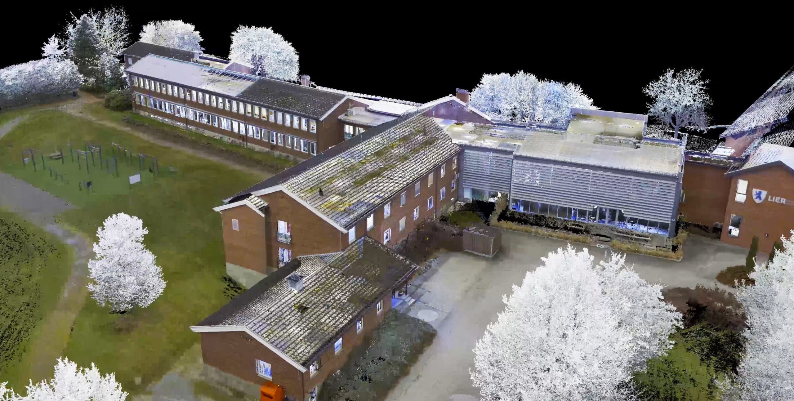 Lier videregående skole i punktskyformat sett i fugleperpsektiv